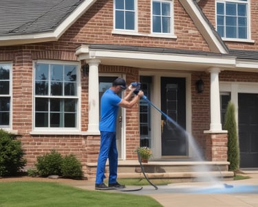 A close-up view of a person holding a pressure washer wand, spraying soapy water onto a car. The vehicle is covered in a layer of foam, and the scene takes place outdoors, possibly at an automatic car wash facility.