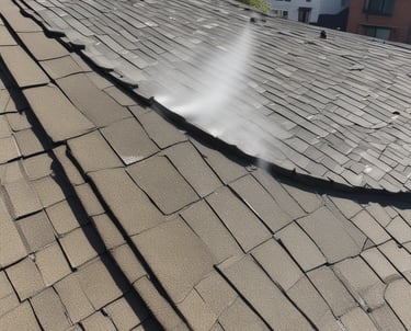 A person in a bright orange uniform and yellow hard hat is power washing the exterior of a structure next to a sidewalk. Large trees with dense green foliage are visible, along with bicycles parked under a canopy. The scene appears to be in an urban setting with buildings and construction in the background.