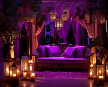 Sofa decorated with floor and hanging lanterns, in an oriental purple theme