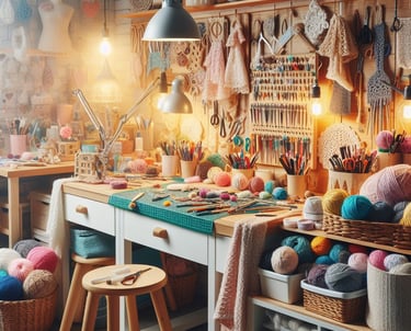 a room with a lot of yarn and yarn and crochet