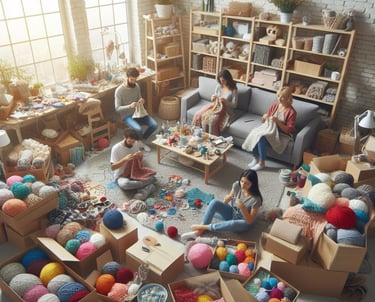 a group of people sitting around a living room crochet