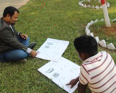 a man sitting on the grass with a drawing of a car