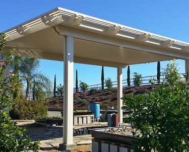 Unique freestanding pergola over fish pond in temecula, California.