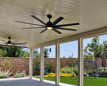 Solid Alumawood Newport style Alumawood cover with ceiling fans in Menifee by SAE Builders.
