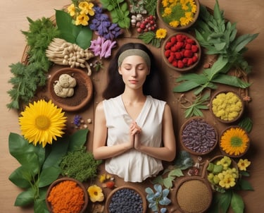 A package of a dietary supplement is prominently positioned on the forest floor, surrounded by dry leaves and blurred natural elements in the background. Partial views of a person appear in the foreground, suggesting outdoor activity.
