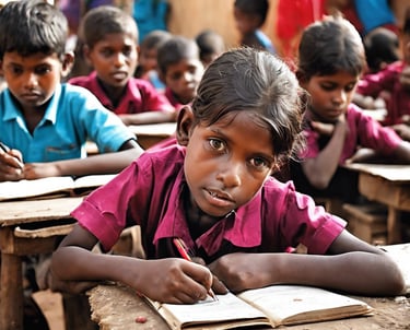 Several individuals are gathered in an outdoor setting, with many of them seated on the ground alongside bags and containers of supplies, likely food aid. The people are dressed in cultural attire, and there is a visible stone wall in the background dividing the scene.