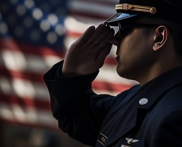 a man in uniform saluting to the us flag