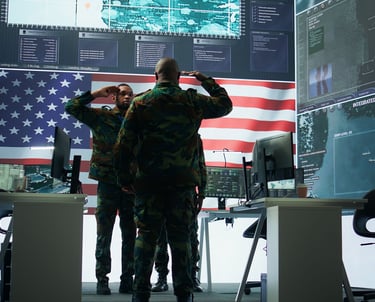 two us soldiers saluting to each other in the headquarters