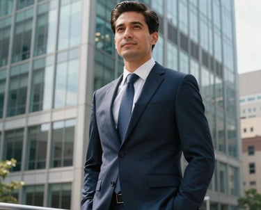 A professional portrait of a male executive in a North American / US downtown glass-walled office, looking confident and vibrant. Bright daylight reflects muted teal tones from the windows.