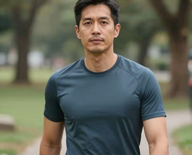 A professional portrait of a male sustainability expert in a North American / US park setting, wearing high-quality athletic apparel, looking energetic and healthy. Soft natural lighting.