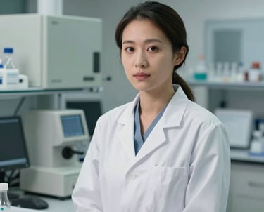 A professional portrait of a female scientist in a high-tech North American / US laboratory, wearing a clean lab coat, surrounded by sophisticated equipment and soft sage accents.