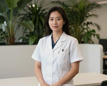 A professional portrait of a female nutritionist in a modern, clean North American / US office with minimalist off-white furniture and dark forest green plants in the background.