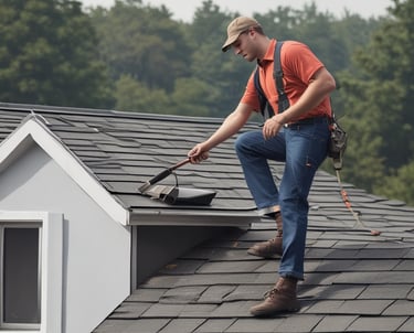 A dark, moody photograph of an angled roofing structure with a wavy pattern. The top of the roof appears weathered. Raindrops are visibly falling in front of the roof, with a blurred green background, possibly trees.