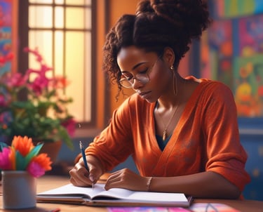 A large neoclassical building with tall white columns and a triangular pediment, featuring banners that read 'YOGA', 'MEDITATION', 'CHANTING', and 'RELAXATION'. The structure is surrounded by neatly trimmed bushes and palm trees. A person stands in the foreground, smiling and wearing casual clothing.