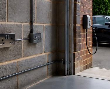 Garage electrical installation with UK double sockets, EV charger and power supply setup at a modern home in Chesterfield.