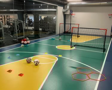 Area multisport della palestra Move 2 Grow a Milano con campo colorato, porte da calcio, palloni e attrezzature per allenamen