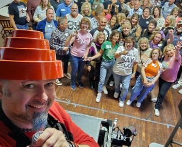 80's Themed Class Reunion in Plymouth Wisconsin. DJ is wearing a DEVO Powerdome. 