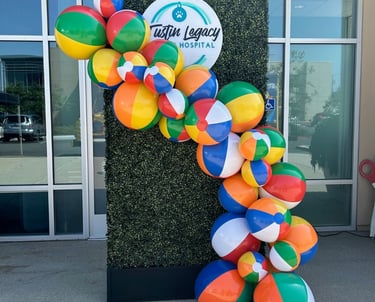 a bunch of balloons and balloons are in front of a building open house party planner
