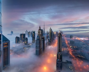 a city skyline with skyscrapers and clouds dubai