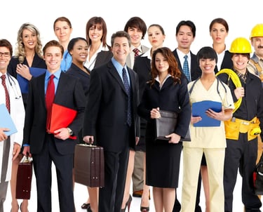 A group of professionals from various occupations, including healthcare, construction, standing together