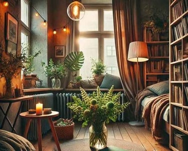 A cozy home with a bookshelf, green plants in pots, and rustic yellow lights, creating a peaceful energy-clearing space