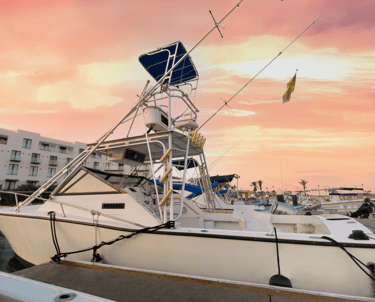 a boat docked at a marina with a pink sky