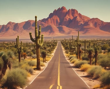 a desert scene with a road and mountains in the background