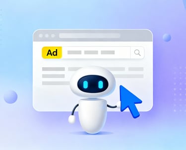Modern illustration of a browser window with a highlighted ad label and a large cursor arrow, representing pay per click adve