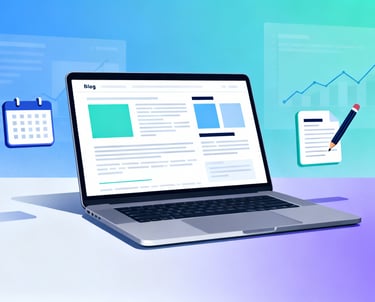 Illustration of a laptop displaying a blog layout surrounded by a calendar, document, and charts symbolizing content creation
