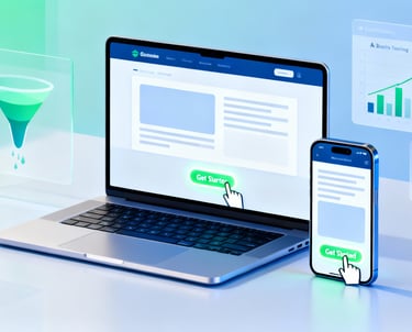 Modern illustration of a laptop and smartphone with a clean website design and a glowing call-to-action button being clicked,
