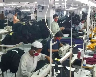 Manufacturing line producing high-quality tactical gloves, knee pads, and protective vests.