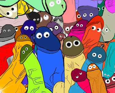A group of colorful, cartoon penis-inspired characters from the Penis Friends™ collection, each uniq