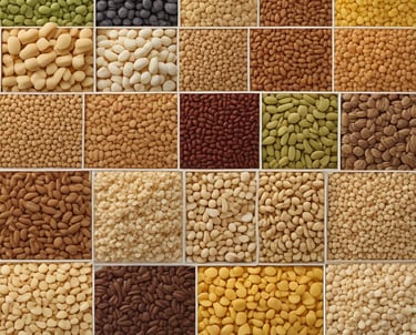 Numerous sacks filled with various types of grains, rice, and spices are displayed in a market setting. Each sack is accompanied by a colorful price tag indicating the product name and cost in euros. The arrangement appears vibrant and diverse, showing a rich assortment of culinary ingredients.