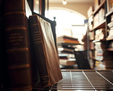 books on a shelf in a library with other books in blurry background.