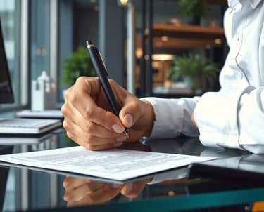 doctor romani writing at office glass desk.