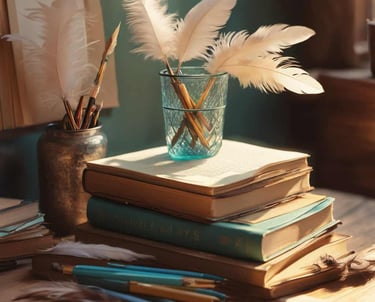 desk with feather pens in glass on top of books.