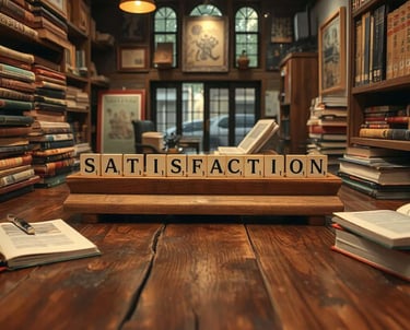 scabble pieces with the word's satisfaction spelled out.