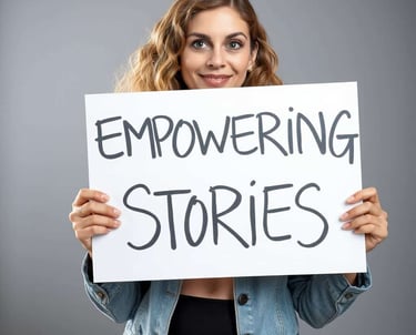 a person holding a sign that says empowering stories