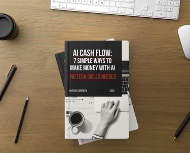 AI Cash Flow 7 Simple Ways to Make Money with AI book with a keyboard and a keyboard on a desk