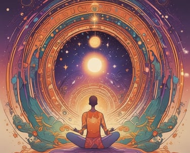 a man sitting in a meditation position with a full moon in the background