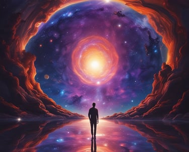 a man standing in front of a galaxy like structure