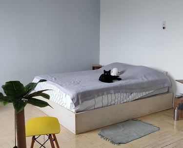 a cat laying on a bed in a room