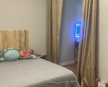 a bed with a bed and a television in a room