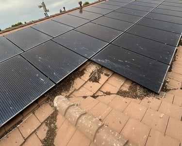 bird droppings pigeon poop under solar panels before cleanup Phoenix roof