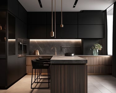 a kitchen with a marbled counter top and a black counter top