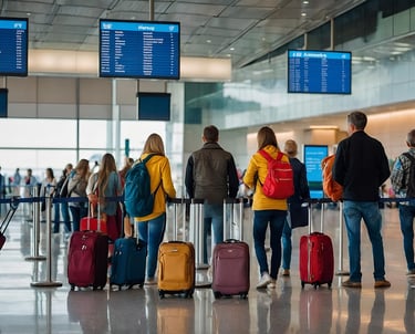 Airline passengers with carry-on bags queuing at an international airport, check-in and security line for boarding