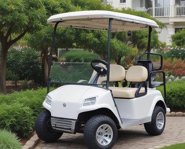A lineup of sleek electric cars on a green golf course.