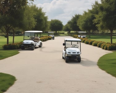 A fleet of electric cars parked on a lush green golf course.