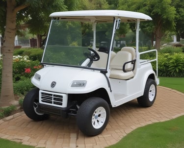 Different electric car models parked elegantly near a luxury resort entrance.