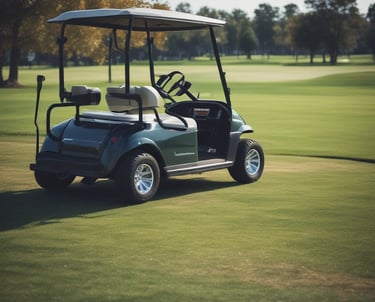A fleet of sleek electric cars parked on a golf course under a clear sky.